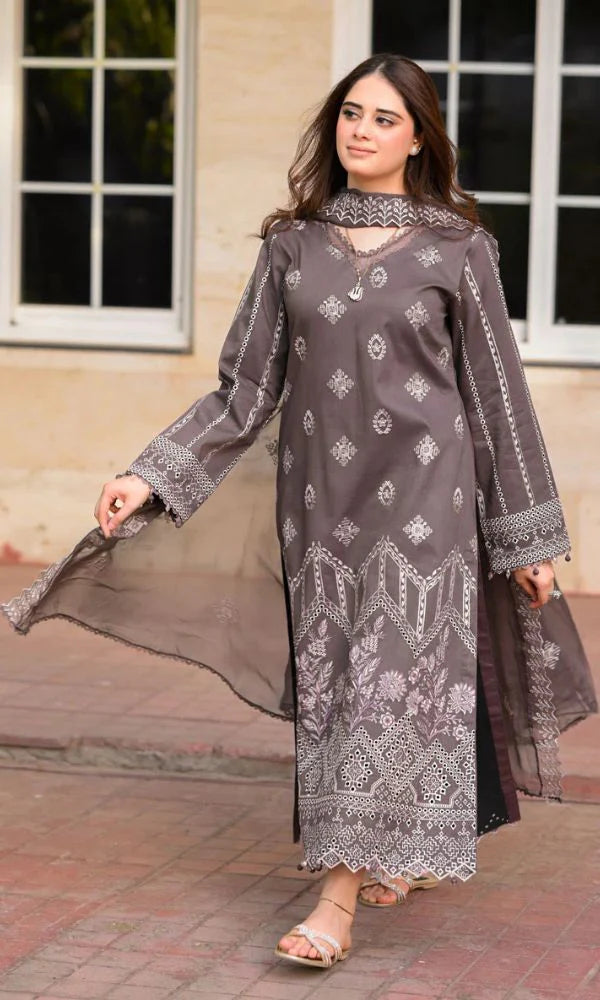 Dhanak 3pc unstitched suit wth same embroidered shawl