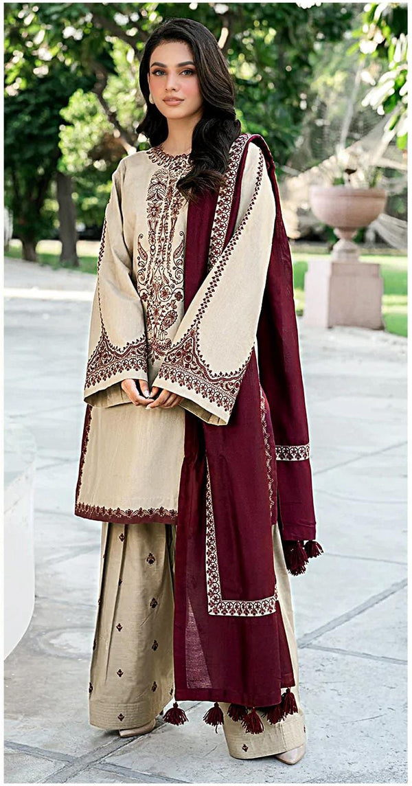 Baroque - 3PC Unstitched Dhanak Embroidered Shirt with Embroidered Dhanak Shawl and Trousers