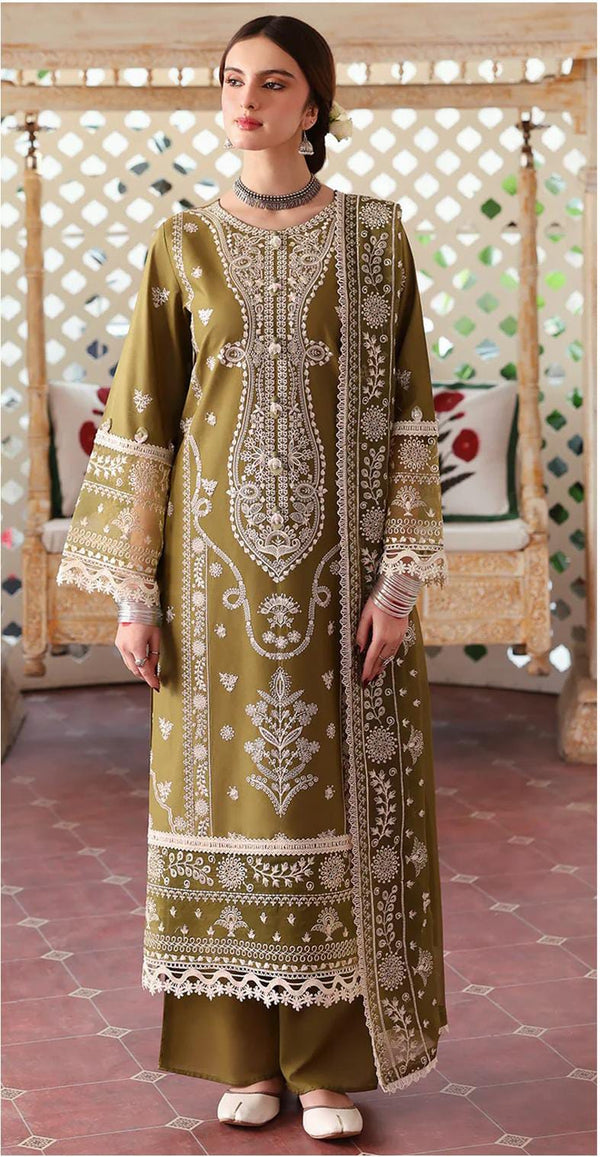 MAHNUR - 3PC DHANAK EMBROIDERED SHIRT WITH DHANAK EMBROIDERED SHAWL AND TROUSER - HZG2227